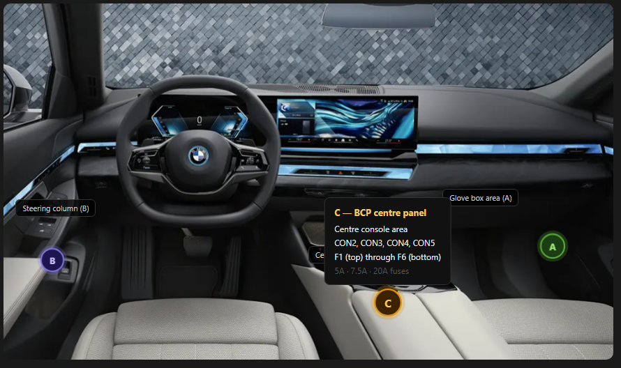 BMW 5-Series G60, G61 BCP FUSE BOX LOCATION