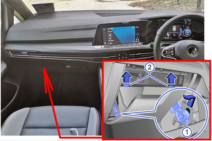 Volkswagen Golf VIII GTI (2020 – 2022) Passenger Compartment Fuse Box Location Right-hand drive vehicle