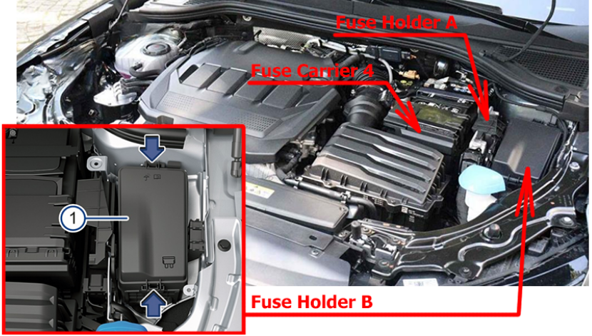 Volkswagen Passat (2024 - 2025) Engine Compartment Fuse Box Location