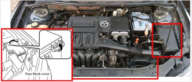 Mazda 3 BK (2004 - 2009) Engine Compartment Fuse Box Location Fig 1