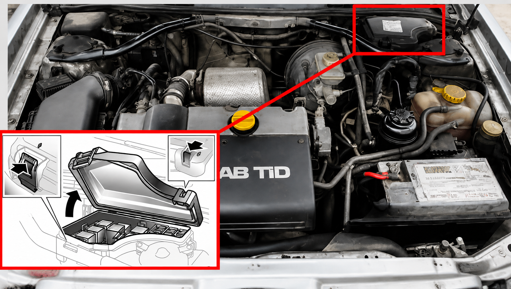 Saab 9-3 OG (1998 - 2002) Engine Compartment Fuse Box Location